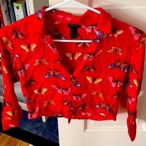 Forever 21 red butterfly print button down shirt , small.